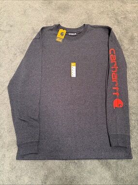 Carhartt Long-Sleeve Logo Tee in Heather Charcoal with Red Sleeve Print